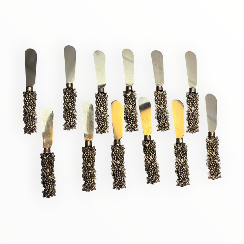 Vintage Grapevine Cheese Spreader Set 12 Piece Silver Tone Harvest Charcuterie